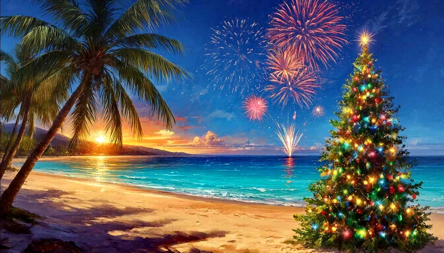 Новогодняя ёлка пальмы море салют Новогодняя ёлка пальмы море салют