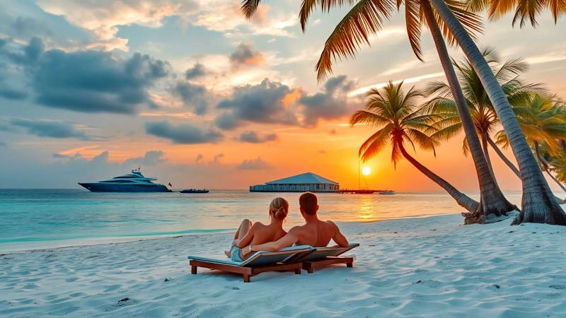 Пара на Мальдивах - закат, океан, яхта